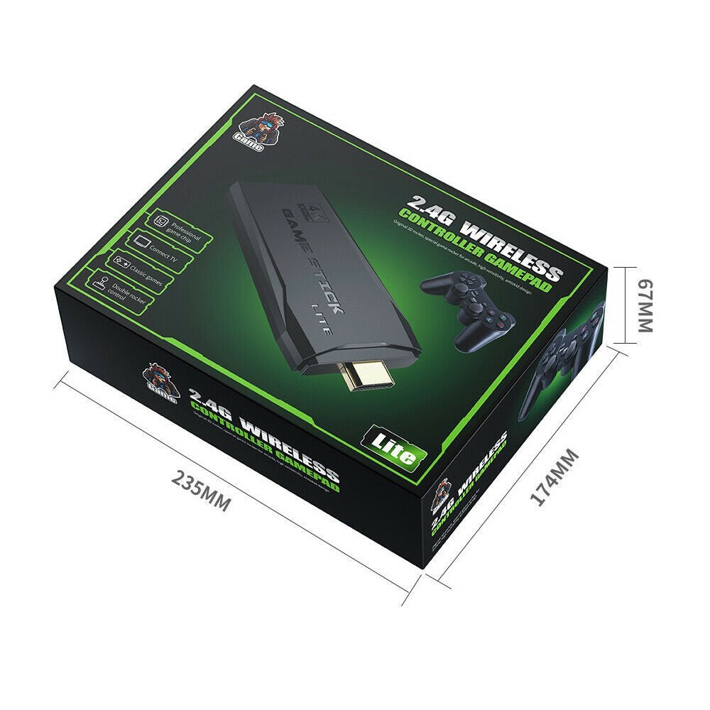 Rachidi Active 4K wireless gaming console stick and controller set in black packaging with technical specifications.