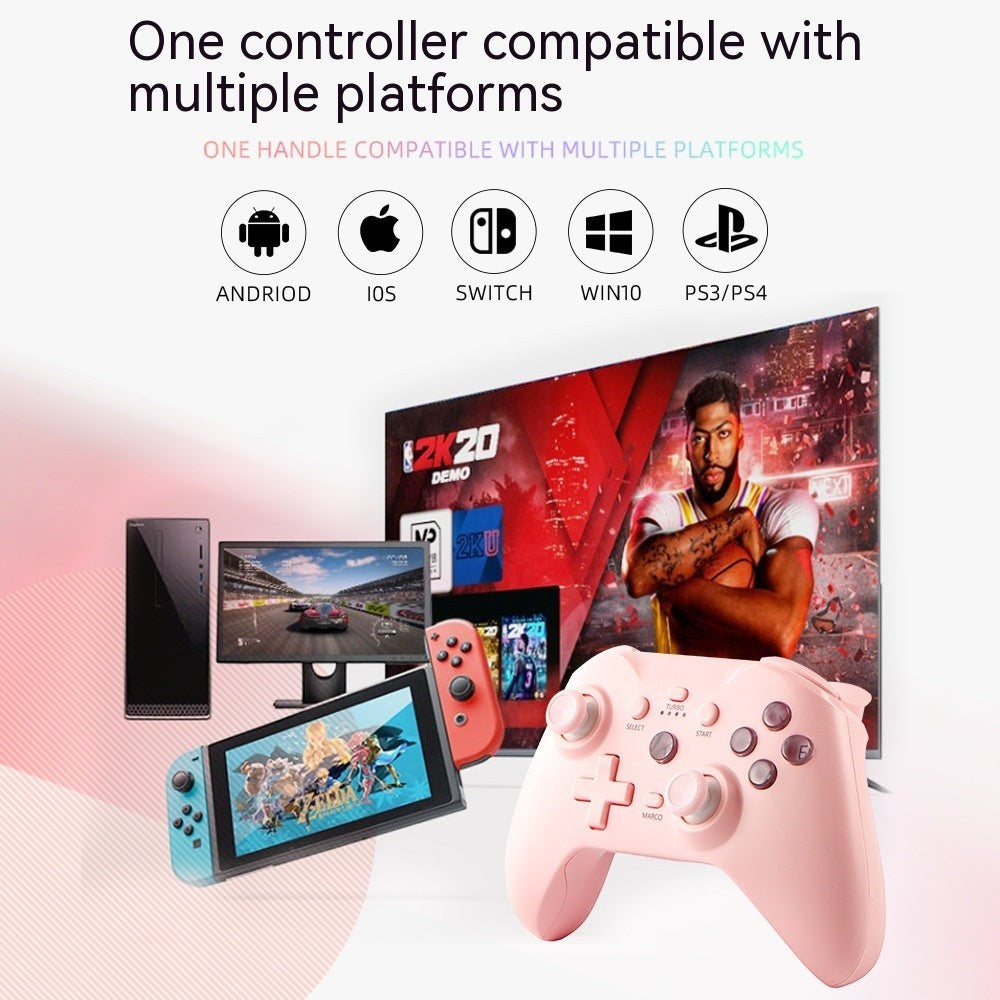 Rachidi Active pink wireless gaming controller with vibration, compatible with Android, iOS, PC, and Switch consoles.