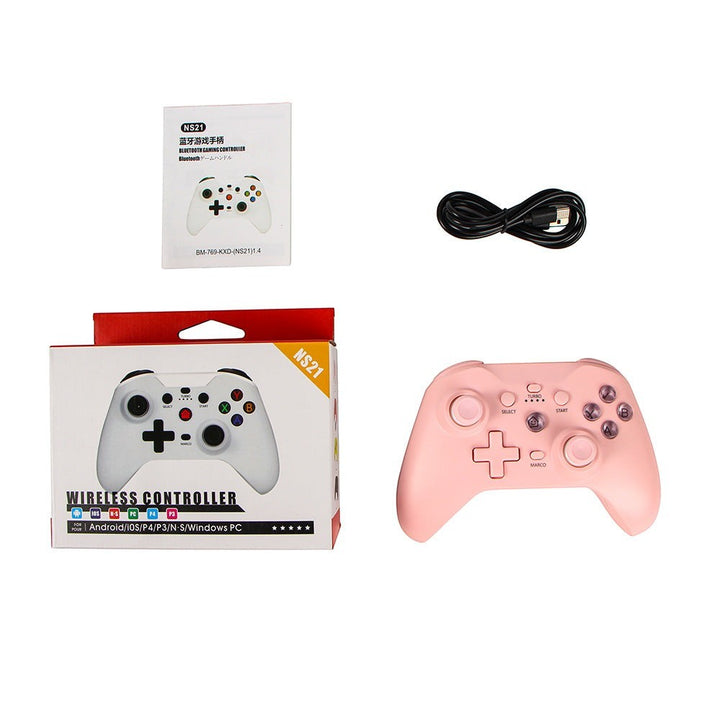Rachidi Active pink wireless Bluetooth gaming controller with vibration, USB-C charging cable, and retail packaging.